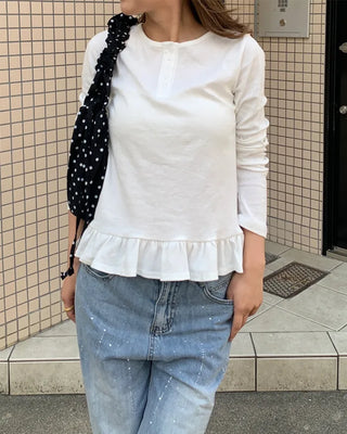 Henley neck frill long-sleeved T-shirt