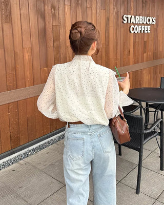 Polka Dot Ribbon Tie Frill Chiffon Blouse