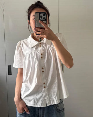 Wood Button Shirring Blouse