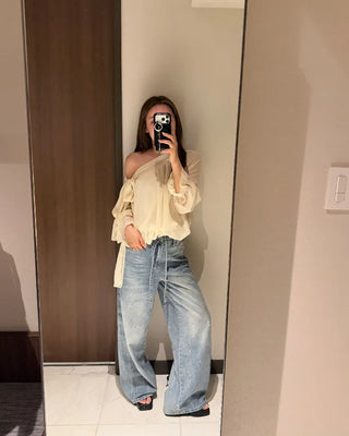 Chiffon Shirring Asymmetrical Ribbon Blouse