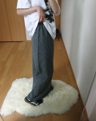 Waist string check long skirt