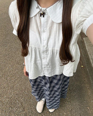 Checked elastic waist string long skirt