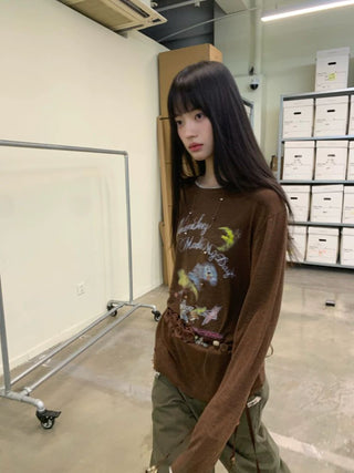 [NEVERSEEZ] Linen Blend Layered Neckline Long Sleeve Tee