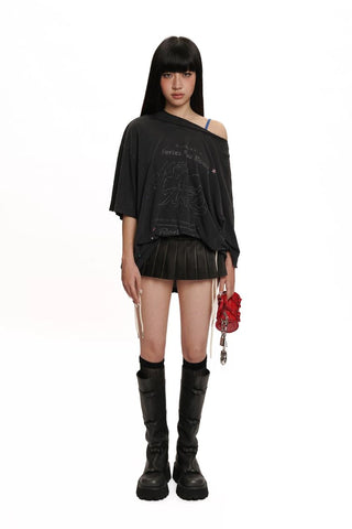 [Moromoro2] Washed Bow Graffiti Rhinestone Oversized  Tee