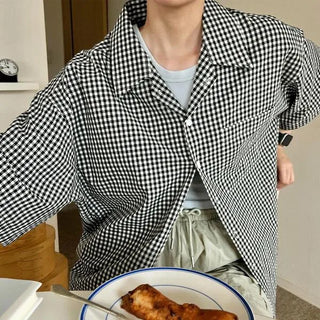Linen check open collar shirt