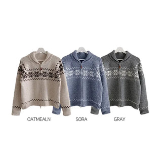 [3 colors] Nordic Snowflake Pattern 2-Way Knit Hoodie