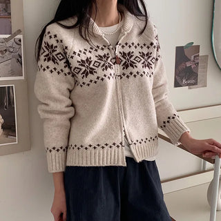 [3 colors] Nordic Snowflake Pattern 2-Way Knit Hoodie