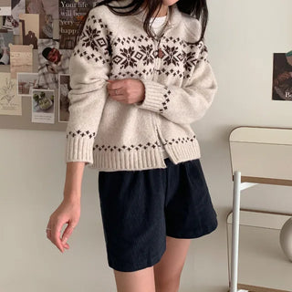 [3 colors] Nordic Snowflake Pattern 2-Way Knit Hoodie
