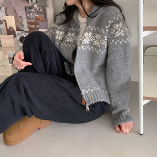 [3 colors] Nordic Snowflake Pattern 2-Way Knit Hoodie