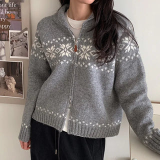 [3 colors] Nordic Snowflake Pattern 2-Way Knit Hoodie