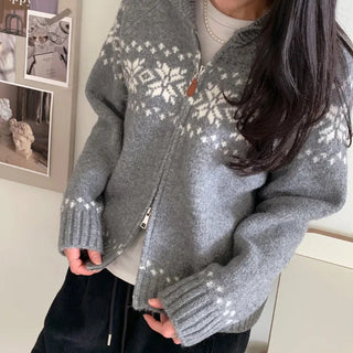 [3 colors] Nordic Snowflake Pattern 2-Way Knit Hoodie