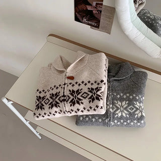 [3 colors] Nordic Snowflake Pattern 2-Way Knit Hoodie