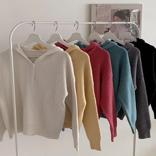 [6 colors] Button V-neck knit hoodie
