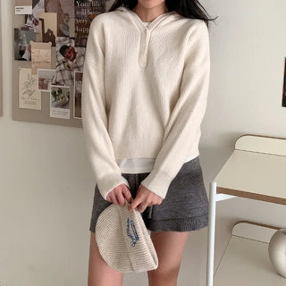 [6 colors] Button V-neck knit hoodie