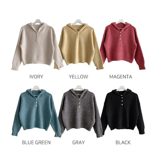 [6 colors] Button V-neck knit hoodie