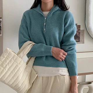 [6 colors] Button V-neck knit hoodie