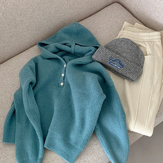[6 colors] Button V-neck knit hoodie