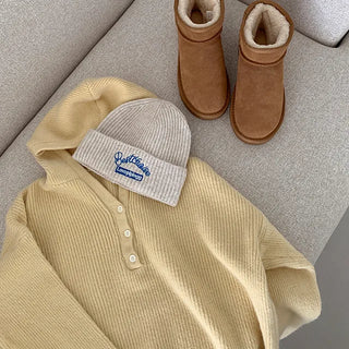 [6 colors] Button V-neck knit hoodie