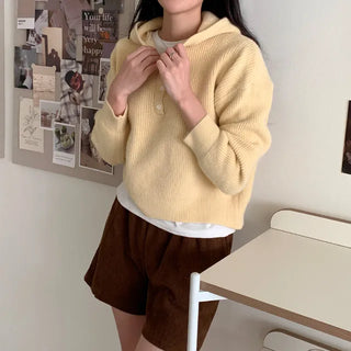 [6 colors] Button V-neck knit hoodie