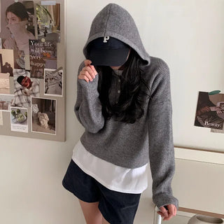 [6 colors] Button V-neck knit hoodie