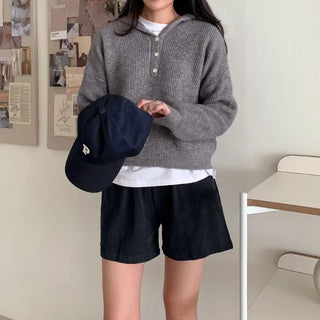 [6 colors] Button V-neck knit hoodie