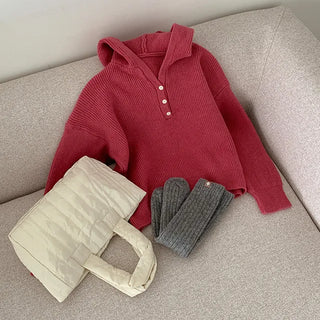[6 colors] Button V-neck knit hoodie