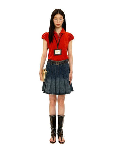 [Moromoro2] Contrast Stitch Belt Denim Pleated  Skirt