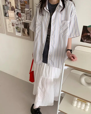 Oversized striped short-sleeved shirt