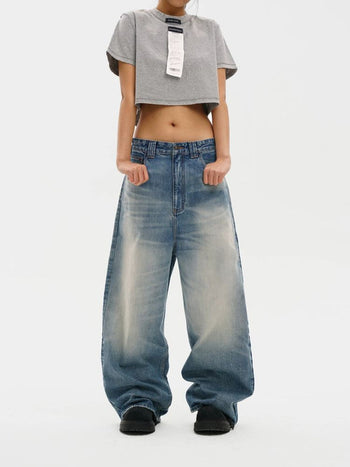 [MASONPRINCE] Curved Cut Washed Denim Wide Pants