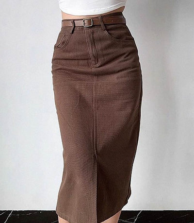 high waist denim midi skirt