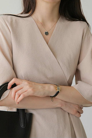 French Retro V-Neck Cotton Linen A-line Dress