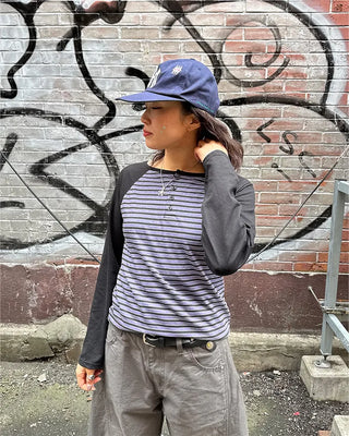 Striped Henley Neck Raglan Long T-Shirt