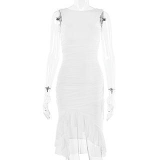 Ruched solid sleeveless ruffle zip-up backless midi dress