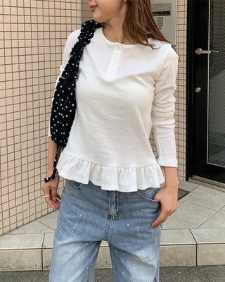 Henley neck frill long-sleeved T-shirt