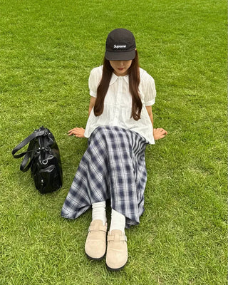 Checked elastic waist string long skirt
