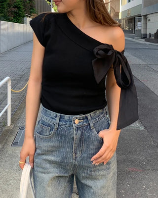 One-shoulder ribbon detail shirred blouse