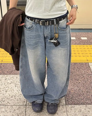 Washed balloon denim pants