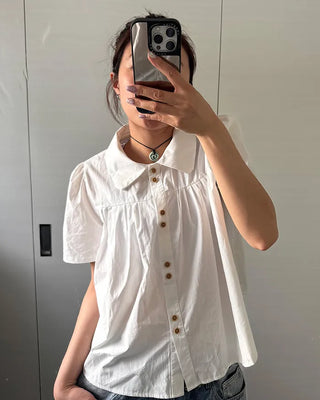 Wood Button Shirring Blouse