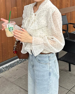 Polka Dot Ribbon Tie Frill Chiffon Blouse