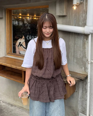 Checked sleeveless shirred blouse