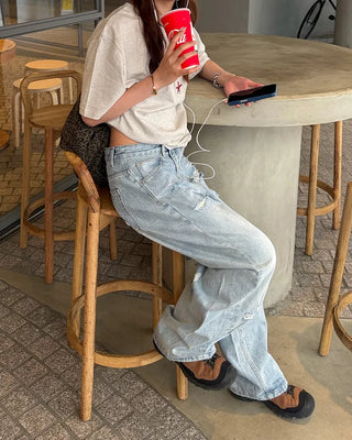 Distressed wide-leg denim