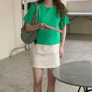 Cotton cropped short-sleeved T-shirt
