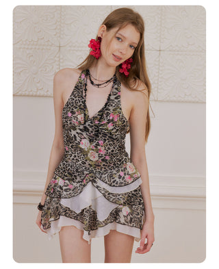 [NECY] Blooming Leopard Halterneck Ruffle Dress
