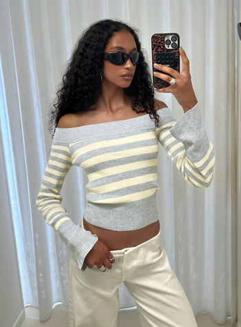 Perrey Long Sleeve Off Shoulder Top Knit Yellow  Grey Stripe