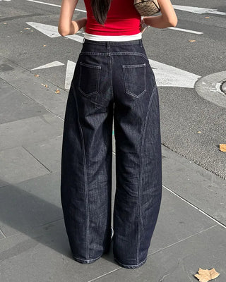 Contrast stitched curved denim wide pants
