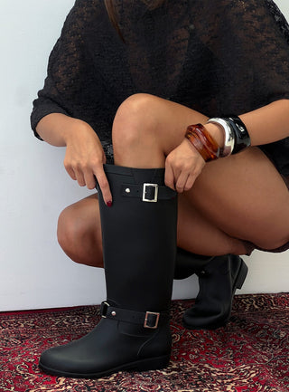 Elvera Buckle Detail Rubber Gumboots Black