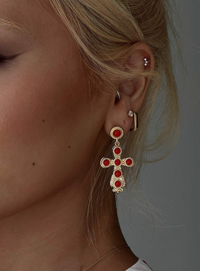 Oakwood Cross Earrings Gold  Red