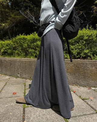 Striped elastic waist long skirt
