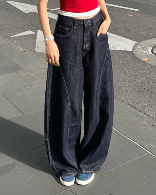Contrast stitched curved denim wide pants