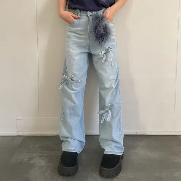 Ribbon denim pants